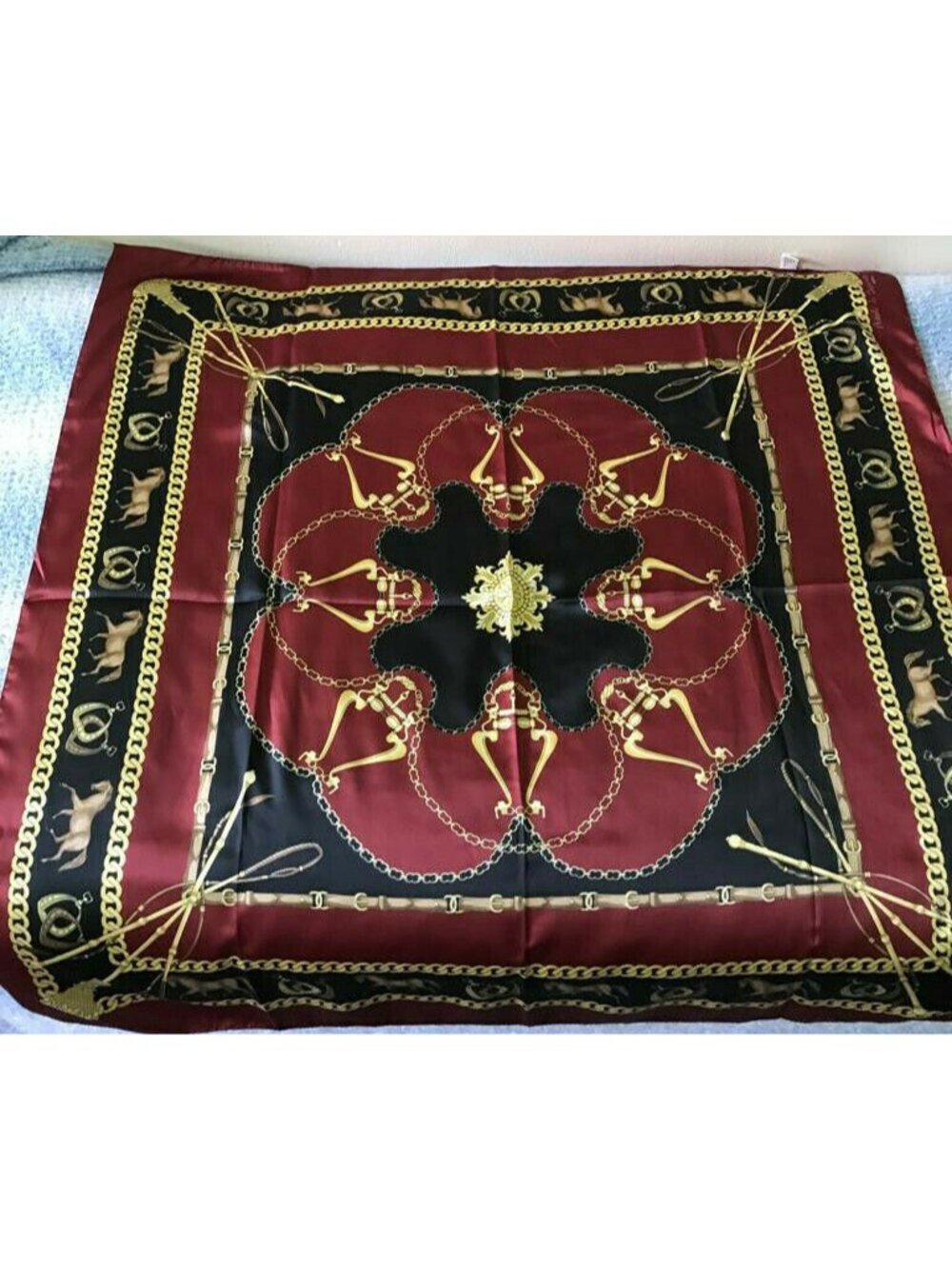 Nicole de Beauvoir Burgundy Black Chains Horses Vintage Satin Square Scarf Wrap